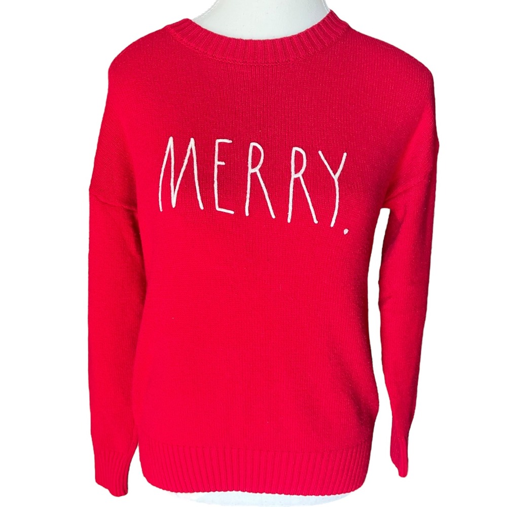 Rae Dunn Merry Christmas Xmas Holiday Red Crew Neck Sweater Womens XS/TP